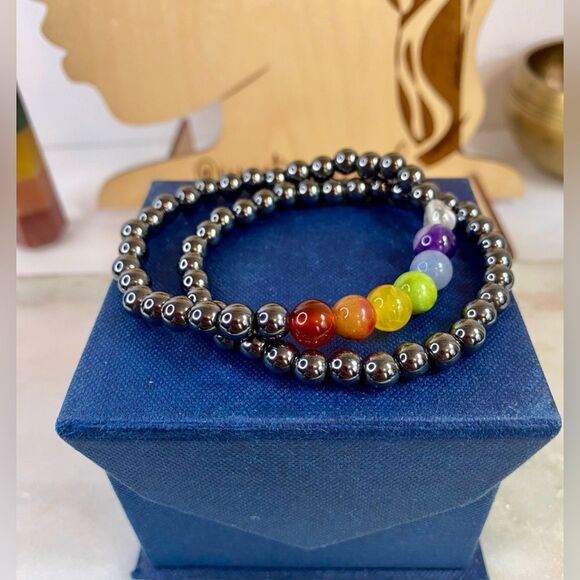 Handmade Hematite Rainbow Chakra Mixed Gemstone Bead Bracelet Set - Picture 7 of 8